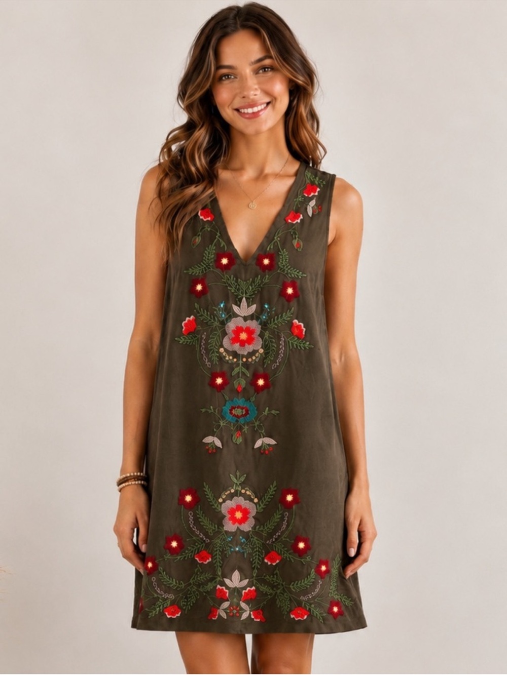 Umgee Olive Green Embroidered V-Neck Dress with Red Floral Accents